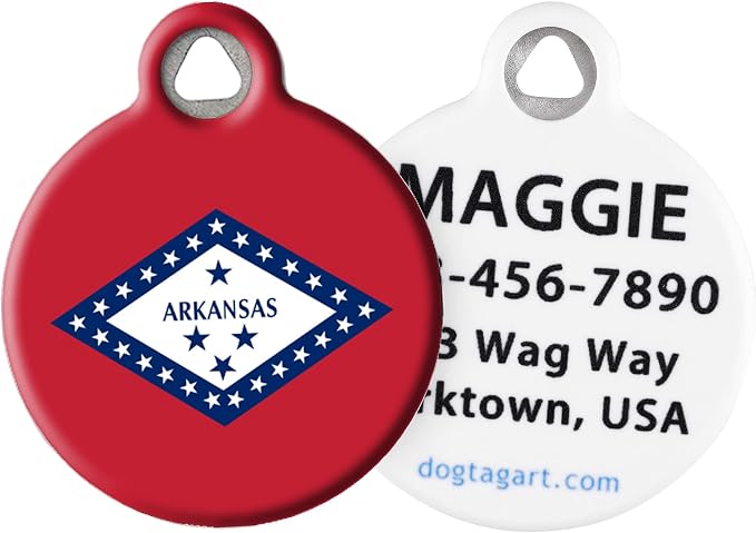 Arkansas State Flag Personalized Pet ID Tag for Dogs and Cats, Silent Polymer Coated Stainless Steel Arkansan Flag Nametag with Customized Identification Information - Small .875" Diameter