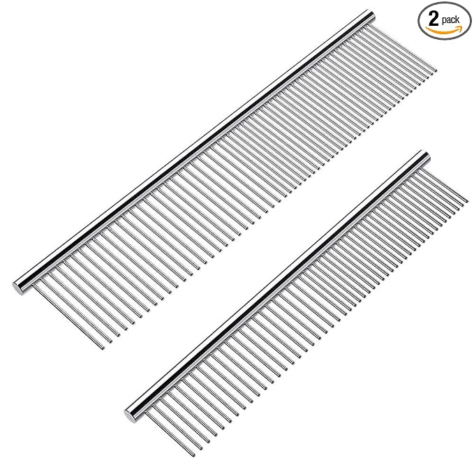 Cafhelp 2 Pack Dog Combs with Rounded Ends Stainless Steel Teeth, Cat Comb for Removing Tangles and Knots, Professional Grooming Tool for Long and Short Haired Dog, Cat and other pets, 6.3IN/7.4IN