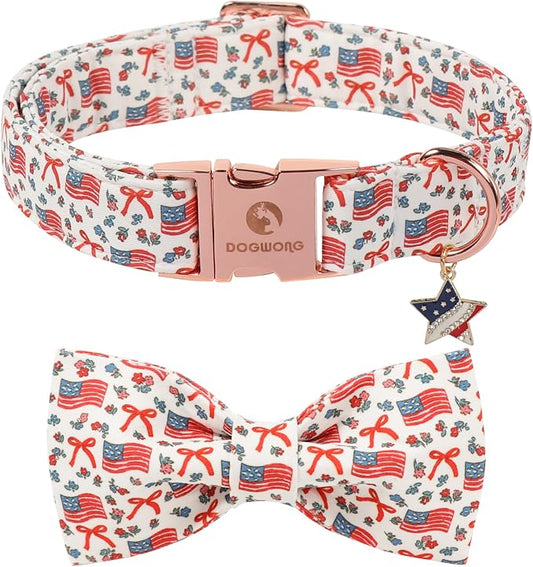 DOGWONG American Flag Dog Collar with Bow - Adjustable and Comfortable 4th of July Dog Collar Patriotic Necklace for Large Medium Small Pet,L