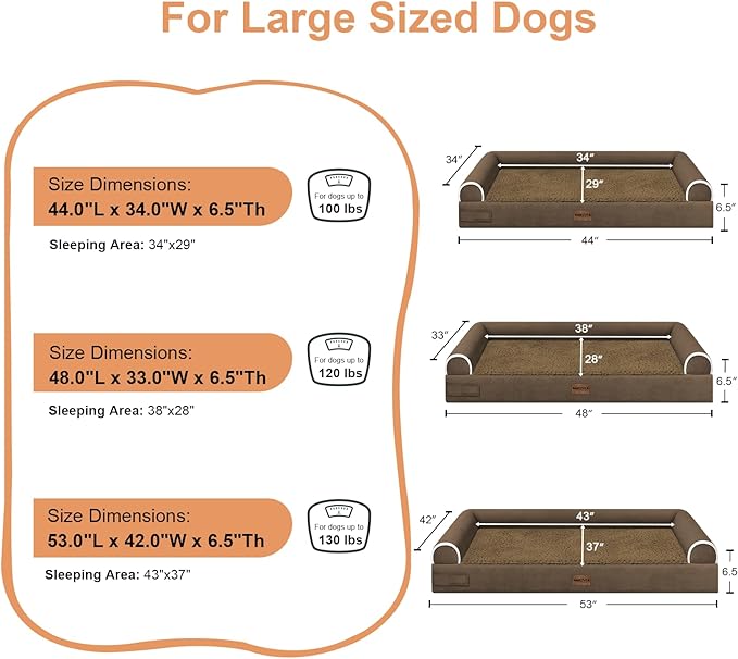 NANUYA Orthopedic Dog Bed for Jumbo Dogs, 53 x 42 Inch, Coffee | Egg crate foam for joint support, 3-sided bolster pet sofa, waterproof lining, washable cover, and non-skid base