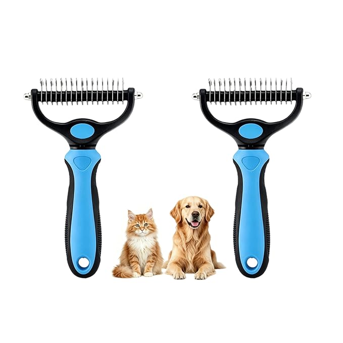 Dematting Comb for Dogs and Cats, Undercoat Rake Pet Brush for Long Hair, Deshedding Dog Brush Removes Tangles Knots and Loose Fur, Grooming Tool for Thick Coats (Blue L*2)