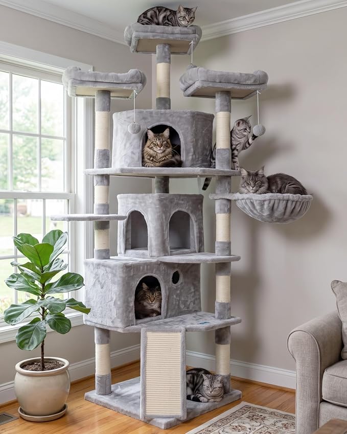 Hey-brother Cat Tree Tower with Multi-Level Large Condo, Platform, MPJ032W | 73.4 Inch Cat Tower with 3 Caves, 3 Cozy Perches, Scratching Posts, Board, Activity Center Stable for Indoor Cats, Light Gray