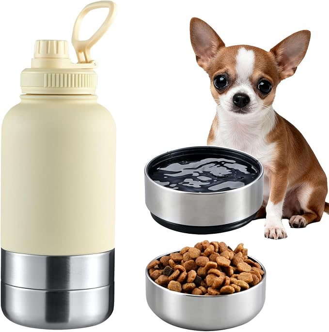 Cibaabo Insulated Dog Water Bottle with 2 Bowls, 32oz Travel Stainless Steel Double Wall Thermos, Portable Pet Dispenser, Gifts for Puppy Small Medium Dogs Walking Hiking and Camping