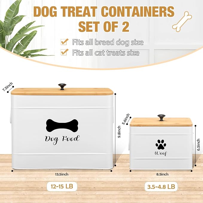 Newtay 2Pcs Extra Large Metal Dog Food Containers Airtight 12 & 3.5 Lbs Dog Treat Snack Jars Set of 2 with Bamboo Lids and Spoons Farmhouse Big Pet Cookie Storage Jars for Kitchen Counter Gift (White)