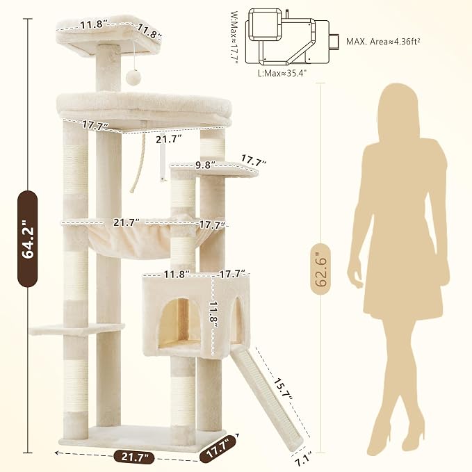 Heybly 64.2" Heavy-Duty Cat Tree for Large Cats with Wide Base HCT027M | Indoor Cat Tower with Scratching Posts & Board, Cat Furniture with Big Platforms, Extra-Large Hammock, Beige