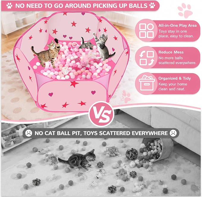 Cat Ball Pit for Indoor Cats, Collapsible Interactive Cat Toy Set with Pom Pom Launcher Crinkle Balls Jingle Bells Springs Toy Mice, Foldable Enrichment Play Pen for Bored Kittens Self Play (Pink)