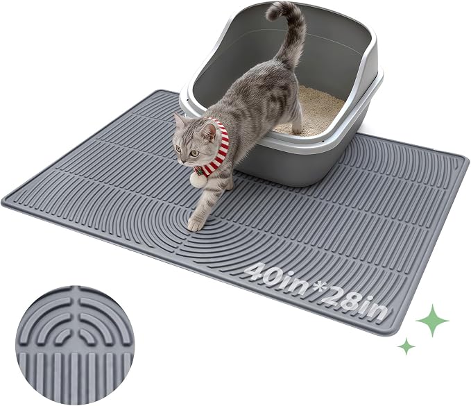 Pawtasy Cat Litter Mat,40" x 28" Extra Large Silicone Waterproof Litter Trapping Mat for Scatter Control Soft on Kitty Paws Non-Slip Easy to Clean