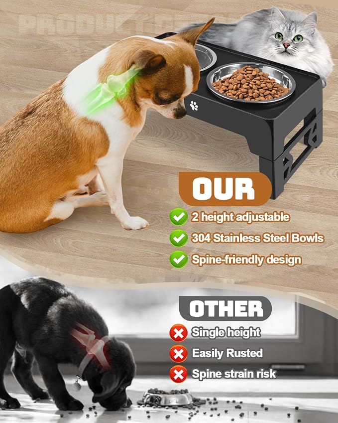 Jovrun Elevated Dog Bowls for Small Dogs and Cats, Non-Slip Cat Bowls with 1*Stainless Steel Dishes & 1*Slow Feeder Bowl, Dog Feeder 2 Heights Adjustable to 2.6"-5.3"