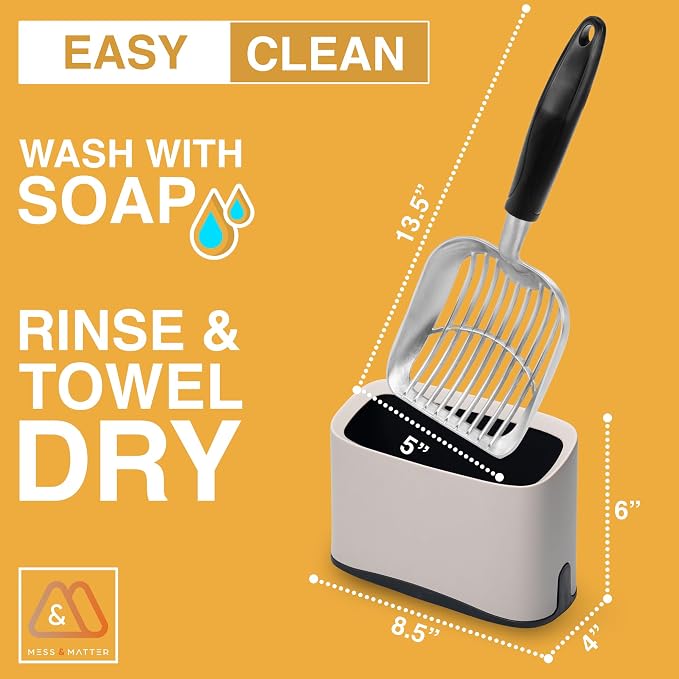 Heavy Duty Full Metal Cat Litter Scoop with Holder - Speed Sifter Litter Box Scooper Captures All Clumps - Kitty Litter Sifting Shovel Comfy Handle - Cat Scooper Includes Litter Bags & Non-Slide Clip