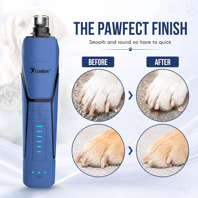 Candure Whisper Quiet Dog Nail Grinder with 360 Degree LED Light, 6-Speed Rechargeable Pet Nail Trimmers with Extra Grinding Head for Safe, Stress-Free Grooming for All Pet Sizes (Dark Blue)
