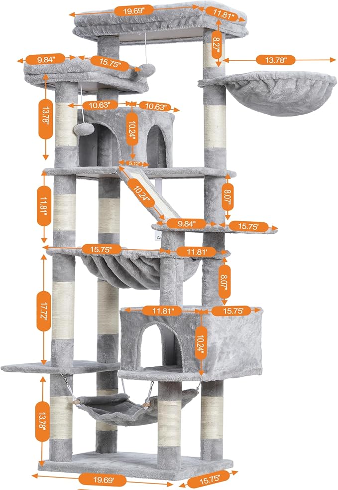 Heybly Cat Tree, 71-Inch-Tall Tower for Indoor Cats with 2 Perches HCT034W | Large Cat Furniture with 2 Big Condos, 2 Hammocks, Basket, Scratching Pad, Multi-Level Cat Condo, Light Gray