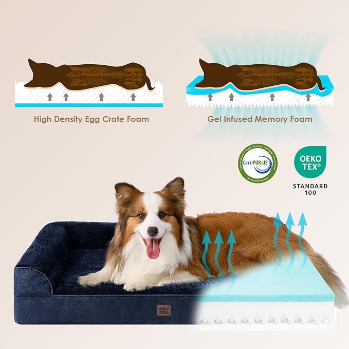 EHEYCIGA Large Dog Bed Memory Foam for Crate, Orthopedic Dog Bed Large Size Dogs with Washable Removable Cover, Waterproof Pet Sofa Couch with Nonskid Bottom, 35x22x6, Navy Blue
