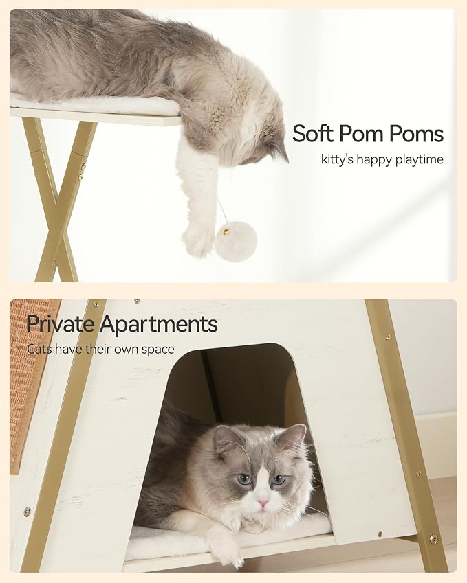 72.4" Cat Tree, Modern Cat Tower for Indoor Cats, Multi-Level Cat Condo with Caves, Tall Cat Tree with Cat Scratching Board, Wooden Cat Tower with Large Perch, Removable Pads, White