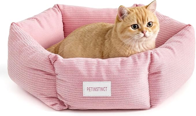Cat Bed, 22 Inch Washable Corduroy Cat and Small Dog Bed with Removable Cover & Anti-Slip Bottom, Calming Comfort Pet Bed for Pets up to 15 lbs (Pink)