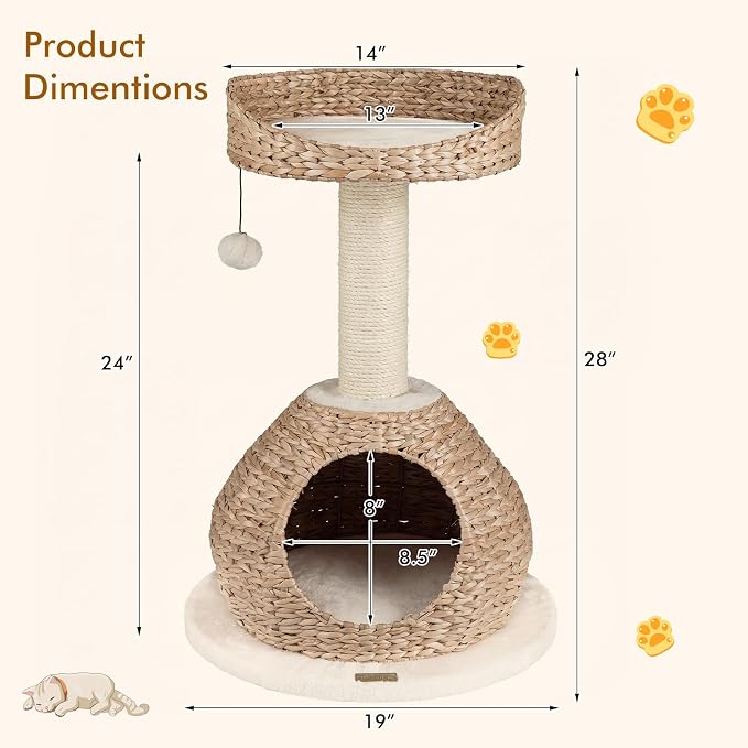 28-inch Modern Cat Tree, Small Cute Cat Tower Sisal Scratching Post, Hand-Made Wicker Condo and Top Perch, Interative Dangling Ball, Ideal for Indoor Cats