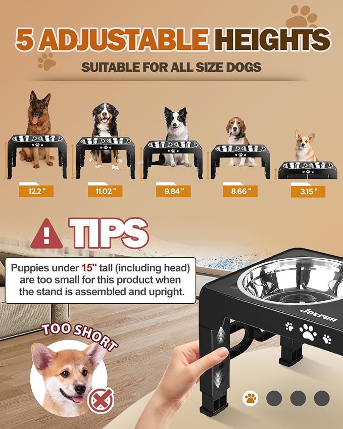 Jovrun Elevated Dog Bowls for Medium Large Size Dogs, Non-Slip Dog Feeder with 2 Stainless Steel Dishes, 5 Heights Adjustable Raised Bowls to 3.15″-8.66″-9.84″-11.02″-12.2″