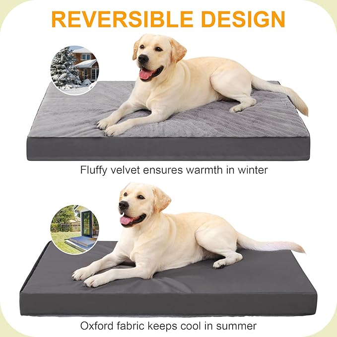 KSIIA Orthopedic Dog Bed for XL Dogs with Waterproof Lining,Dark Grey,47x29 | Deluxe Soft Plush Dog Crate Bed, Washable Pet Mat with Removable Cover&Egg Crate Foam for Extra Large Dogs Sleeping&Relaxing