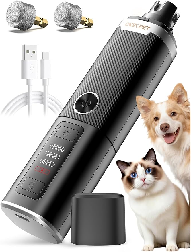 Dog Nail Grinder, Quiet Electric Dog Nail Trimmer with 2 LED Lights, 3-Speed Pet Nail Grinder for Dogs & Cats, Rechargeable 2000mAh Nail Grinder for Small Medium Large Dogs with Light, Black