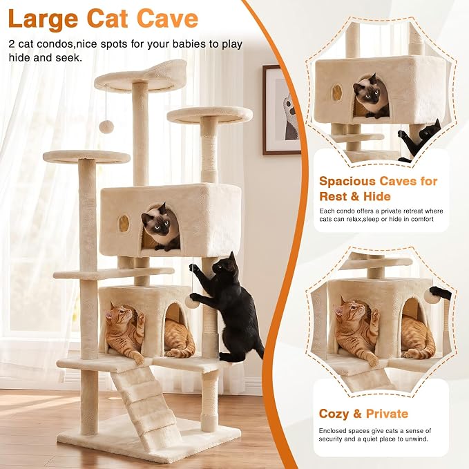 FDW | 54" Cat Tree Tower | Beige | Multi-Level Indoor Activity Center | with Sisal Scratching Posts, Condos, Plush Perches, Hanging Cat Toys | Sturdy, Easy to Assemble | for Kittens & Adult Cats
