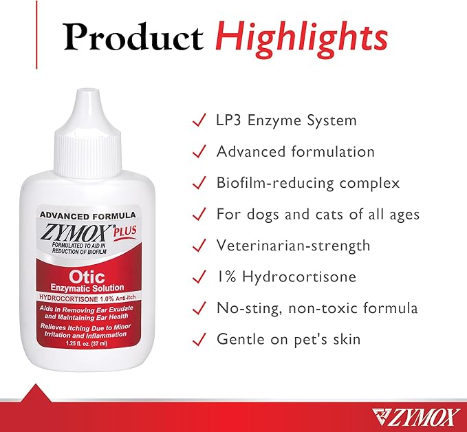 Zymox Advanced Formula Otic Plus Enzymatic Ear Solution for Dogs and Cats | with 1% Hydrocortisone, 1.25oz