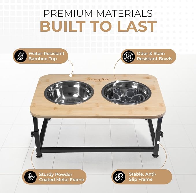 Adjustable Raised Dog Bowls – Elevated Dog Bowl Stand with Bamboo Stand, 2 Stainless Steel Bowls, Slow Feeder Insert & Silicone Mat – Dog Bowls with Stand for Small & Medium Dogs