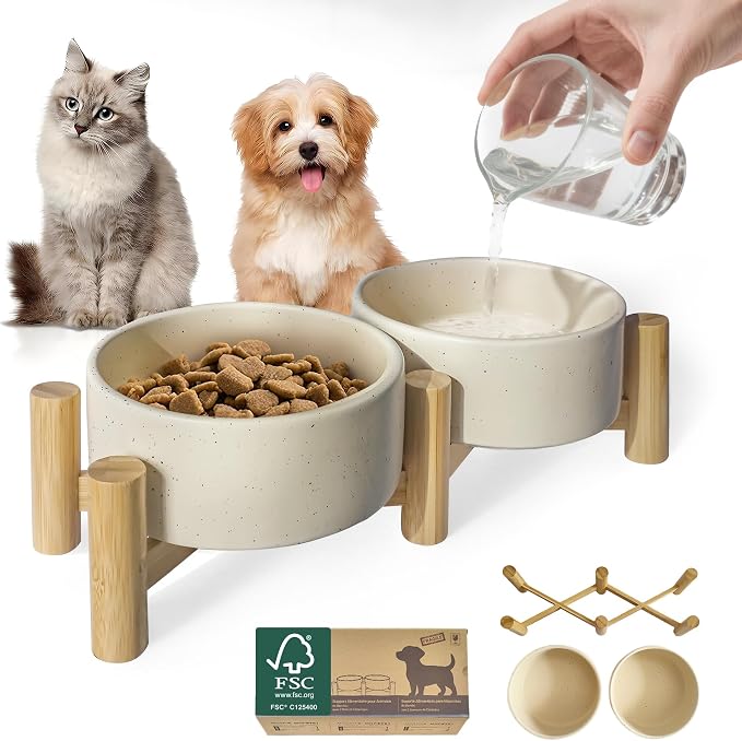 Elevated Dog Bowl & Cat Dish 27oz – Raised Ceramic Pet Food and Water Bowls with Bamboo Stand, Feeding Station for Small & Medium Pets, Prevents Neck Strain – Durable, Premium Quality by Homish