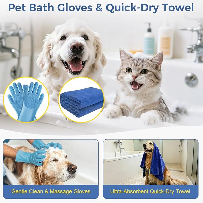 11 Piece Dog Grooming Kit - Hair, Nail, Massage Bath Supplies For Pets Cats | slicker dog brush for shedding，comb, undercoat rake, nail clipper tool, towel, scrubber gloves, scissors, all in one fur care