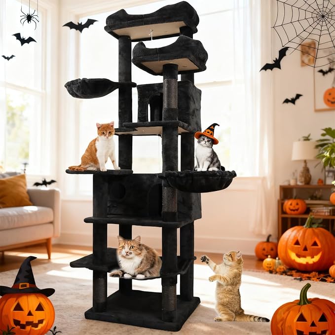 68 Inches Multi-Level Large and Tall Cat Tree Tower for Indoor Cats/Removable Pad/Cat Condo/Sisal Scratching Posts/Hammock/Cat Activity Center/Wide Base Black