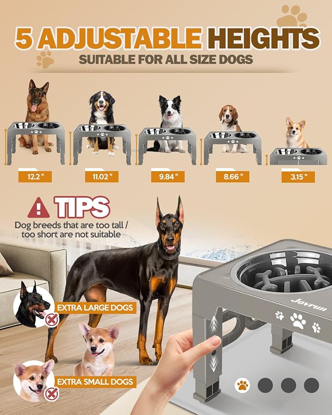Jovrun Elevated Dog Bowls for Medium Large Dogs with Mat, Non-Slip Dog Feeder with 1*Stainless Steel Dishes & 1*Slow Feeder Bowl, 5 Heights Adjustable Raised Bowls for 3.15″-8.66″-9.84″-11.02″-12.2″
