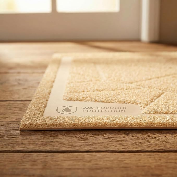 Cat Litter Box Mat, Kitty Premium PVC Pad, Durable Trapping Rug, Phthalate Free, Urine-Resistant, Scatter Control, Mosaic, L 35 x 23 Inch, Beige