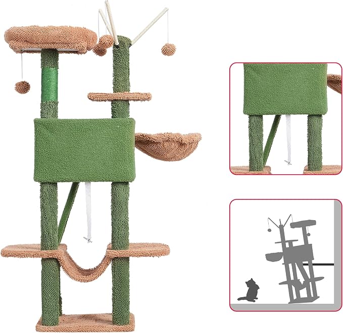 Hey-brother Cat Tree Tower with Padded Platform Bed, Hammock, MPJ019-SCA | 53 Inches Cat House with Large Cozy Condo, Toy Balls and Sisal Scratching Posts for Indoor Multi-Cats, Cactus