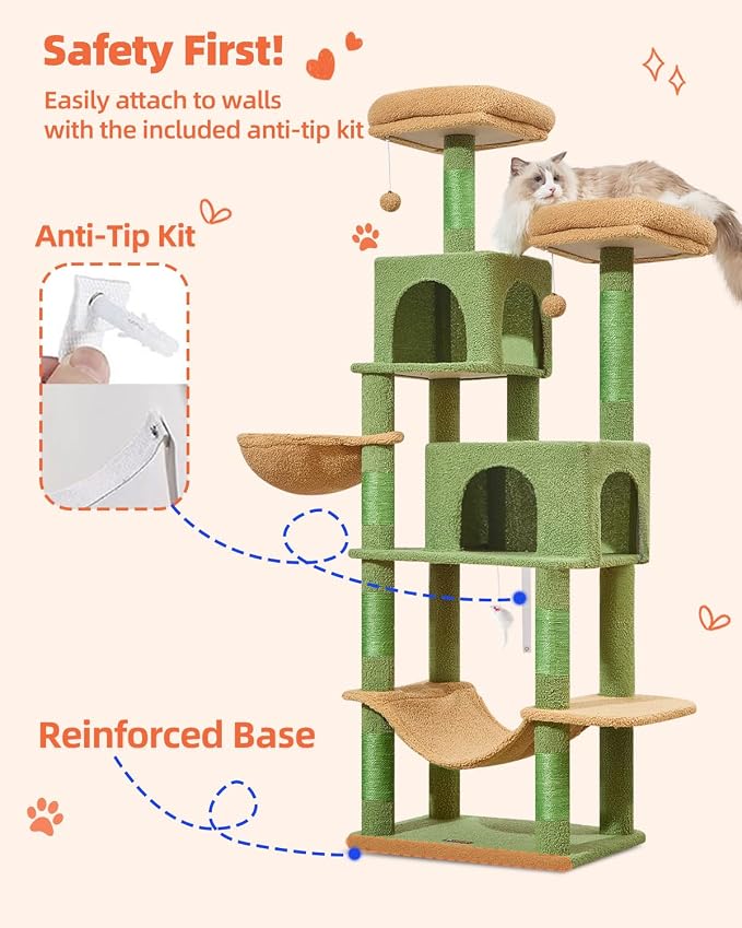 Taoqimiao Cactus Cat Tree, 67 in Tall Cat Tower with 2 Plush Cat Condos | 7 Scratching Posts, 2 Top Perches, Cozy Hammock & Basket, Indoor Cats, 2 Pompoms & Mouse Toy, MS013T