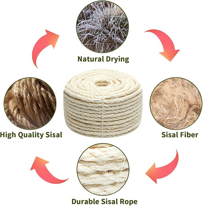 White Sisal Rope 1/4 Inch by 49-Feet for Cat Scratching Post Tree Tower Replacement Repair and Replace, DIY Hemp Twine Rope for Kittens Shelves Furniture Window Perch Hammock Climbing, 6mm by 15m