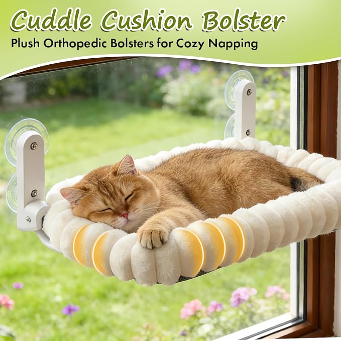 Zoratoo 2PC Cloud-Cuddle Cat Window Perch, Foldable Cat Hammock, M White | 2-in-1 Reversible Cover, Removable for Machine Wash, Stable Window Resting Seat with Large Suction Cups for Indoor Cats