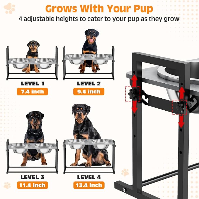Elevated Dog Bowls for Extra Large Dogs, 4 Height Adjustable Tilted Raised Dog Bowl Stand with 2 Stainless Steel 150 oz Bowls, 16.1" Tall Dogs Bowl Stand Feeder for Giant Breed