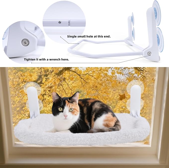 SMOUATOU Cat Window Perch, Cordless Foldable Cat Hammock Bed with 4 Suction Cups, Embeded Machine Washable Bed for Indoor Cats, Strong Metal Frame Holds 40lbs (Beige,Cotton Binding)