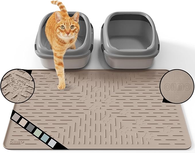 OHMO Large Cat Litter Mat, 31.5x23.6 Silicone Trapping Mat Beige | for Kitty Litter Box, Easy Clean, BPA Free Rubber, Center Litter Collection, Easy Pour-Back, Waterproof, Odor-Resistant
