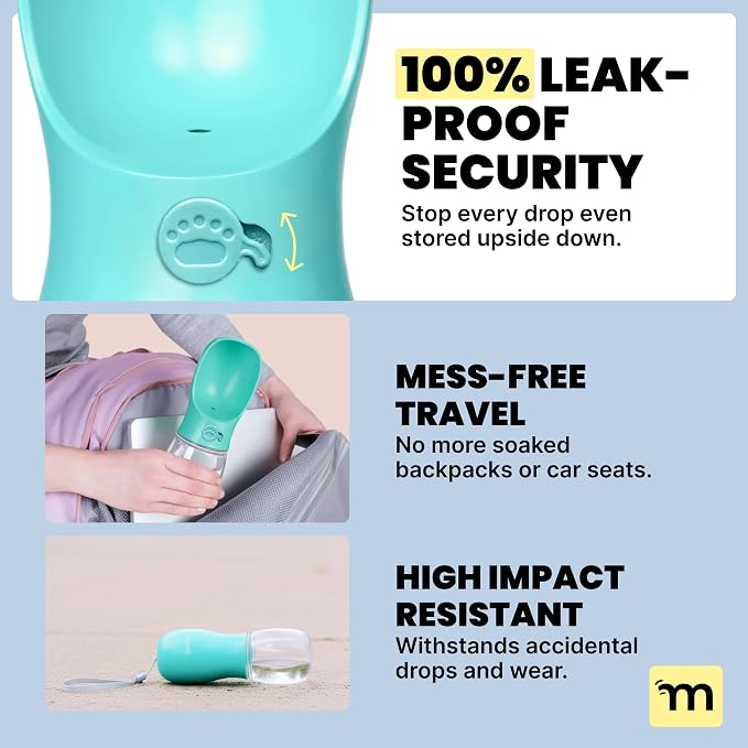 MalsiPree Dog Water Bottle Dispenser - 12 oz Blue, Leak-Proof | 12oz leak-proof bottle - one-hand use - built-in bowl - Use for dog walks, travel, hiking & beach days
