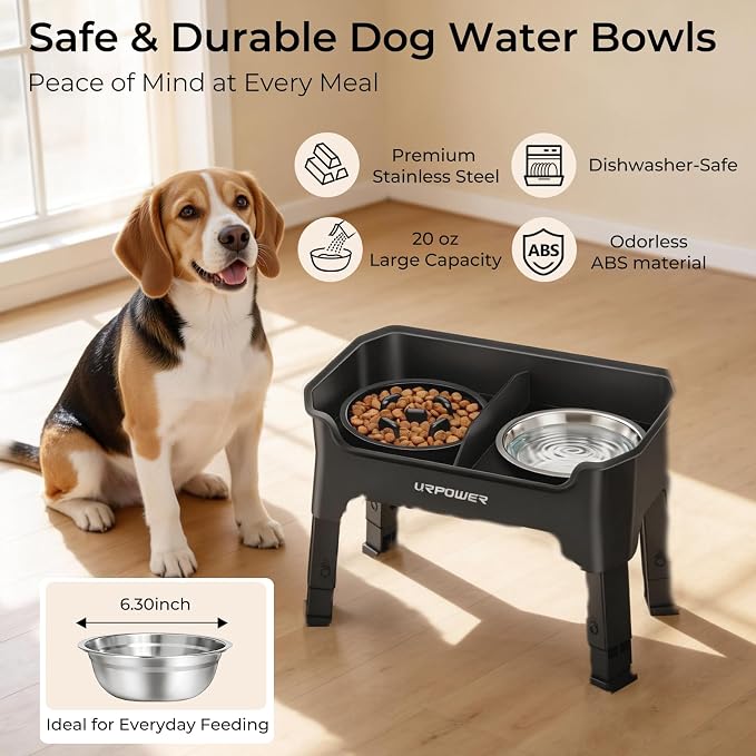URPOWER Mess Proof Elevated Dog Bowls, High Wall Splash Guard Design, 4 Height Adjustable Raised Bowl Stand with Stainless Steel Bowl & Slow Feeder Bowl, Non-Slip Food Water Set for Small Dogs