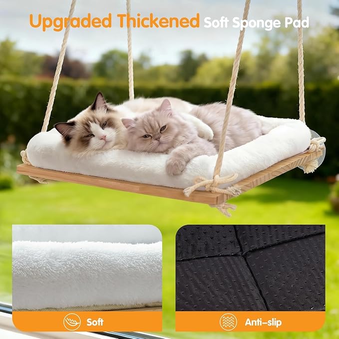 Large Cat Window Perch Hammock, Solid Wood Seat & Plush Cushion | 4 heavy-duty suction cups, sturdy wooden perch for XL & large cats, comfortable indoor window cat bed & hammock