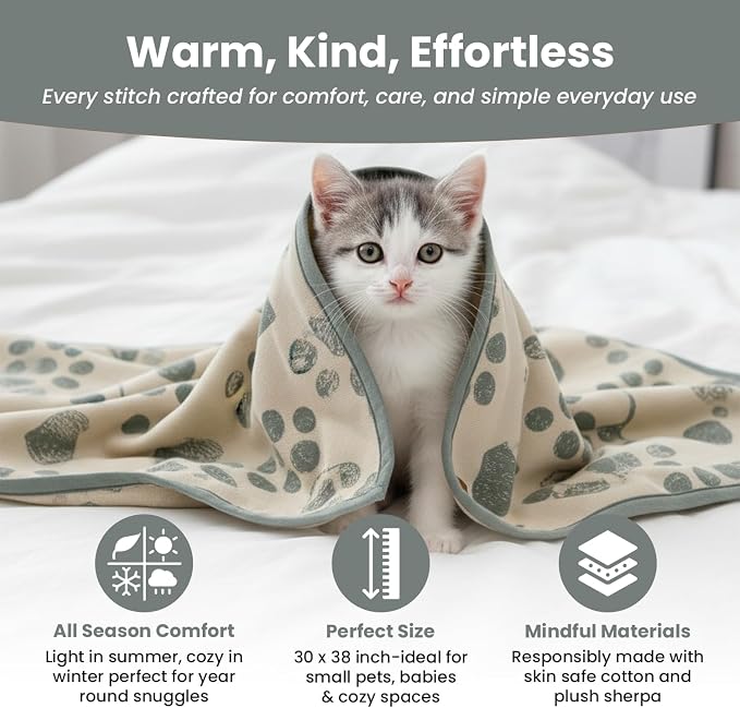 Baby & Pet Blanket 100% Cotton with Sherpa Fleece – Soft Stroller & Cuddle Blanket for Baby, Dog & Cat – Breathable, Hypoallergenic, Washable – 76×96 cm All-Season Blanket Reed Green Beige