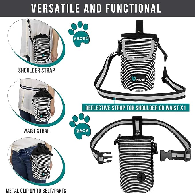 PetAmi Dog Treat Pouch, Large Hands-Free Training Bag, Stripe Black | Built-In Poop Bag Dispenser, Holds 3 Cups Of Treats, 4 Ways to Wear, D-Ring, Reflective Strap, Dog Treat Bag for Walking