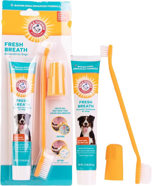 Arm & Hammer for Pets Enzymatic Dog Dental Care Kit, Chicken Flavor Toothpaste with Baking Soda for Plaque, Tartar, and Bad Breath, Double-Sided Toothbrush and Finger Brush Included, 2.5 Oz