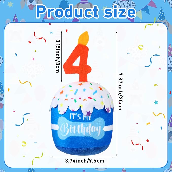 Dansydaisy Dog Birthday Cake Toy Squeaky Plush Toy for Girl Boy Gifts, Chew Accessories for Dog Birthday Party Decor Favor for Large, Medium and Small Dogs(4th,Blue)