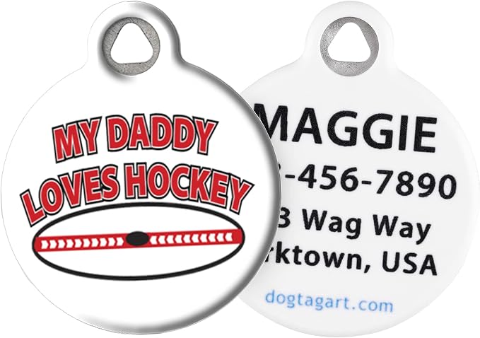 Sports-Themed Pet ID Tags for Dogs and Cats (Large (1.25" Diameter), My Daddy Loves Hockey)