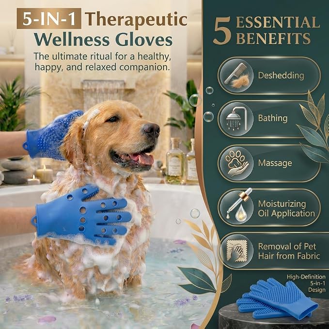 Pet Grooming Gloves for Cats & Dogs – Silicone Hair Removal Glove for Bathing, Shedding & Massage – Gentle Mitt for Long & Short Hair Pets with Drainage System