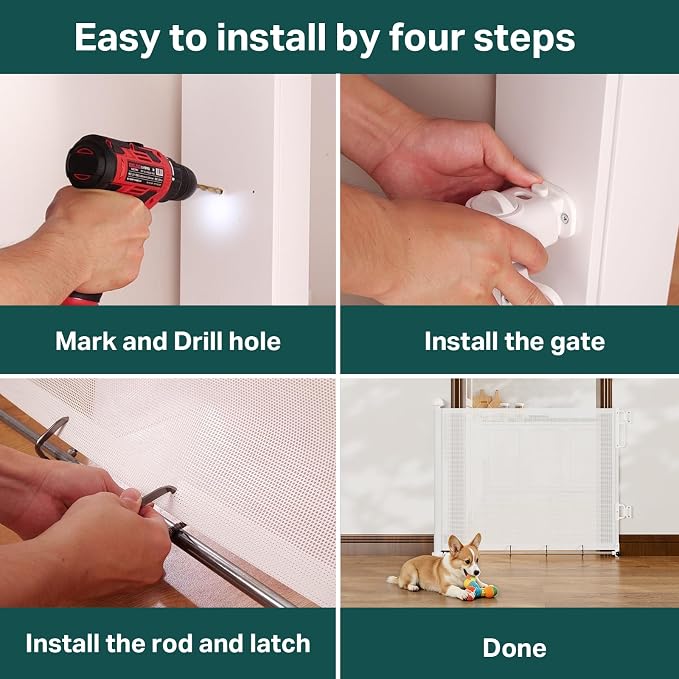Cumbor 27-40" Retractable Baby Gates for Stairs & Doorways, Hardware Mounted Mesh Dog & Pet Gate, Easy Walk Through, One-Hand Operation, Anti-Crawl Adjustable Safety Gate for Dog, Indoor Outdoor White