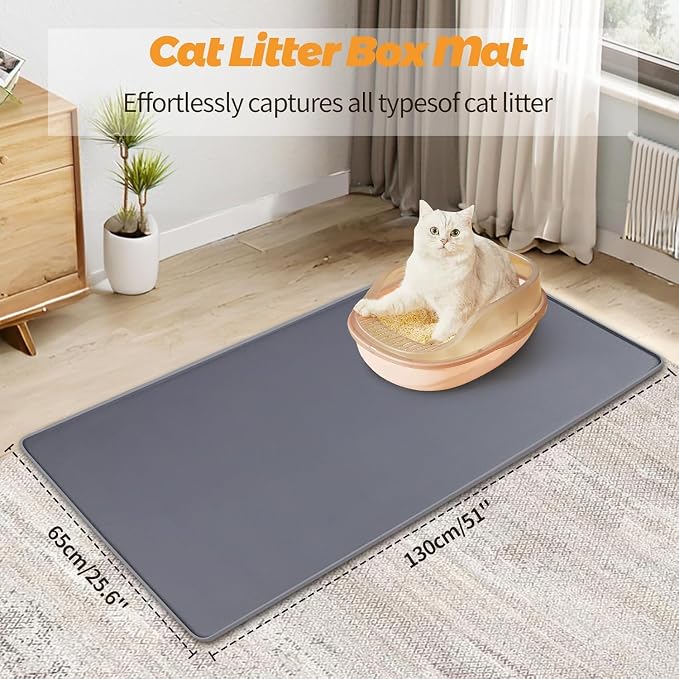 Cat Litter Mats,51"x25.6"Extra Large Silicone Cat Mat for Litter Box | Kalolary Easy to Clean Kitty Litter Trapping Mat,Soft on Kittys Paws,Waterproof, Urine-Proof Kitty Litter Mats for Floor,Grey