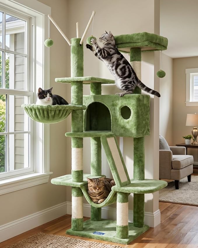 Hey-brother Cat Tree Tower with Padded Platform Bed, Hammock, MPJ019-SGR | 53 Inches Cat House with Large Cozy Condo, Toy Balls and Sisal Scratching Posts for Indoor Multi-Cats, Green