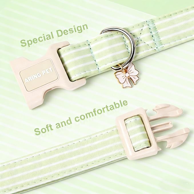 ARING PET Stripe Dog Collar, Cute Spring Summer Green Stripe Pet Collars with Bow Charm for Puppy Small Medium Large Boy Girl Dogs-L, for Daily Outdoor Walking Training